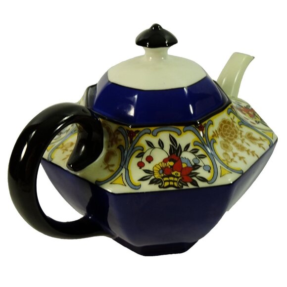 Schumann Bavaria Hexagonal Teapot Cobalt Blue Floral Gold Trim Vintage Germany - Picture 2 of 10